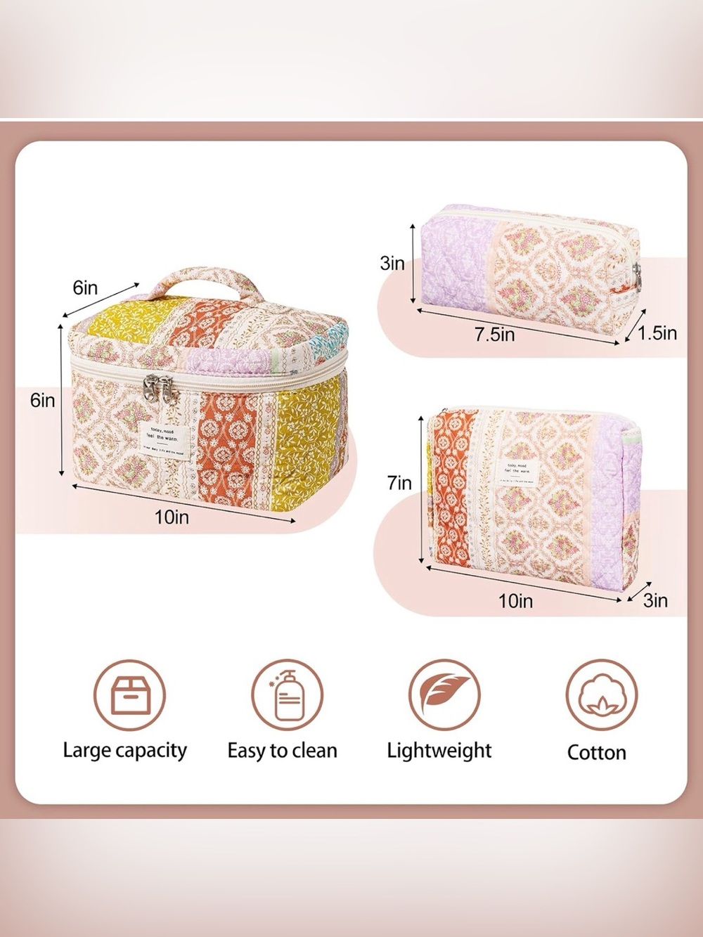 NWT Quilted Patchwork Travel Cosmetic Bag Set - Pastel Multicolor - Picture 2 of 3